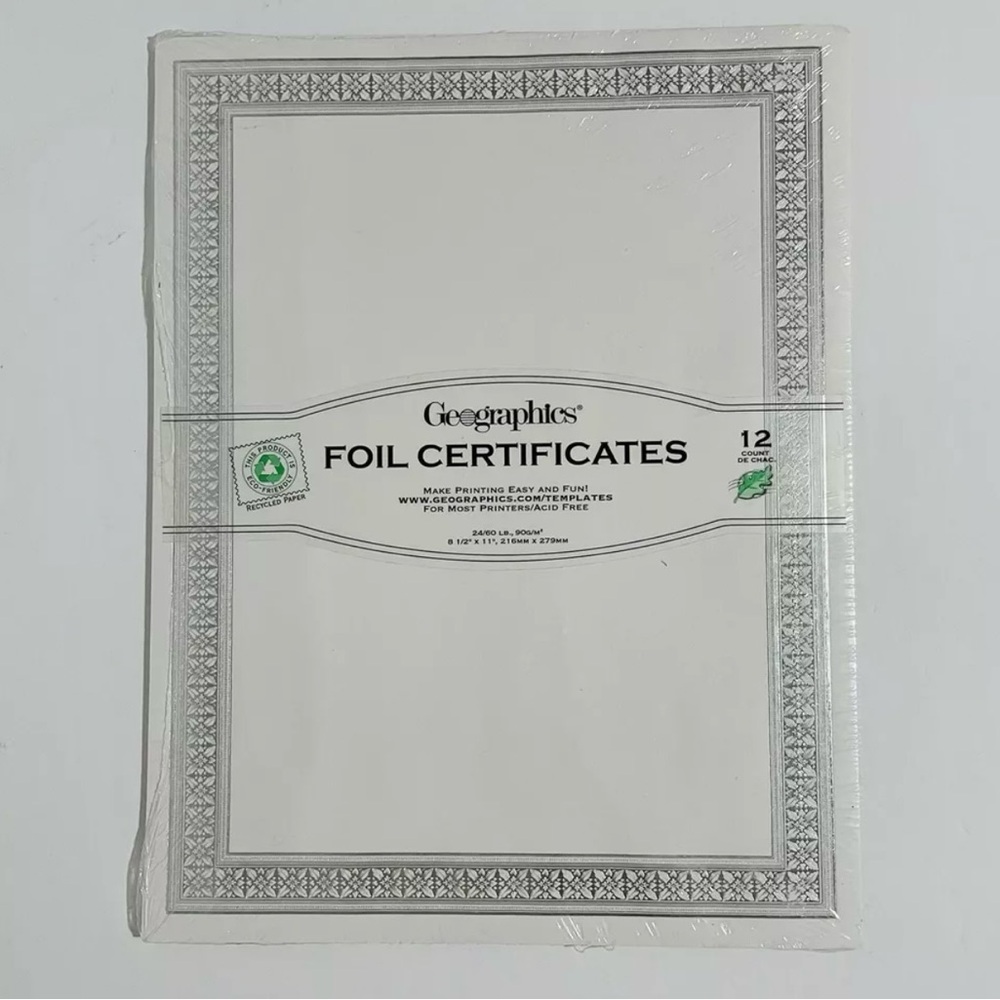 Geographics Blank Foil Certificates 11"x8-1/2" 12/PK Silver Flourish